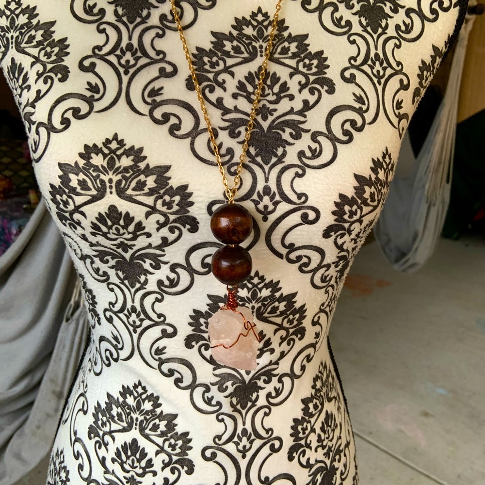 Rose quartz raw copper wrapped pendant necklace new handmade